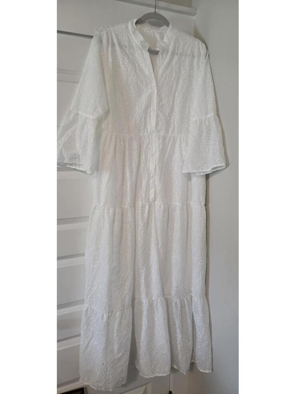 White Eyelet Tiered Maxi Dress with 3/4 Bell Sleeves